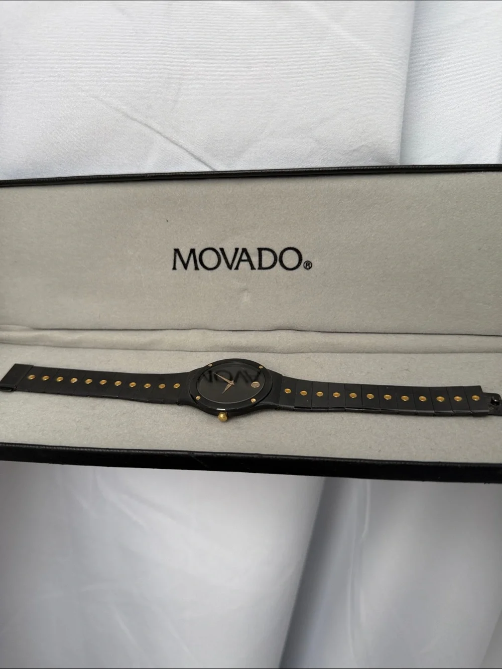 Movado Black and Gold Accent Men's Leather Strap Watch